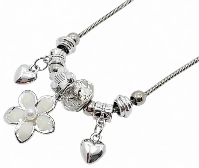 Cadena de acero quirurgico cola de raton simil pandora con dijes fantasia 45cm + 5cm